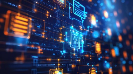 Poster - Abstract futuristic digital background with glowing lines, shapes, and numbers in blue and yellow colors on a dark background.