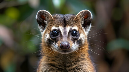 Amazon South American Coati face, its fur and whiskers detailed with a blurred background