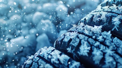 Closeup of a tire covered in frost with a blurred background of more tires and ice crystals.