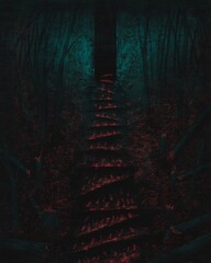 Dark steps in the fantasy forest, horror illustration, black metal atmosphere 