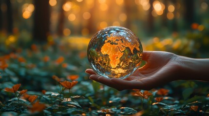 The hand holds the globe of the Earth with a growing tree, the concept of ecology and nature protection.