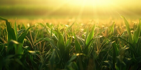 Poster - Sunlit green corn field on a sunny summer day