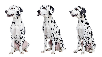 Wall Mural - happy dalmatian dog collection (portrait, sitting, standing) isolated on a white background as transparent PNG, animal bundle