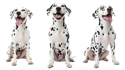 Wall Mural - happy dalmatian dog collection (portrait, sitting, standing) isolated on a white background as transparent PNG, animal bundle