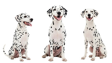 Wall Mural - happy dalmatian dog collection (portrait, sitting, standing) isolated on a white background as transparent PNG, animal bundle