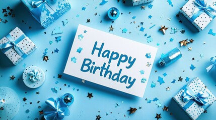 Celebrate a Joyful Birthday With a Cheerful Card Surrounded by Blue Decorations and Gifts