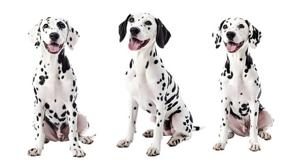 Wall Mural - happy dalmatian dog collection (portrait, sitting, standing) isolated on a white background as transparent PNG, animal bundle