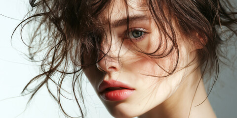 Close-up Portrait of Young Woman with Messy Hair and Natural Makeup in Soft Lighting