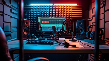 Poster - a view from a soundproof booth showing a table with two microphones on-screen podcast software and t