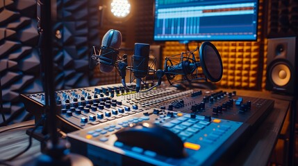Poster - A view from a soundproof booth showing a table with two microphones on-screen podcast software and the word Podcast illuminating the scene AI generated illustration
