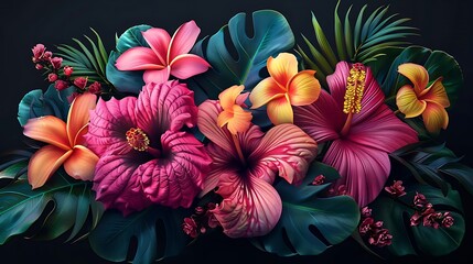 Poster - A vibrant arrangement of tropical flowers and leaves on a dark background, showcasing nature's beauty.