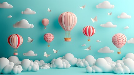 Poster - Abstract 3D background with cute hot air balloons  AI generated illustration