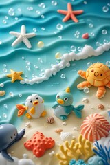 Poster - Abstract 3D beach background with adorable sea creatures  AI generated illustration