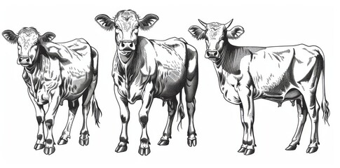 Black and white hand drawn modern illustration of an isolated cow set on a farm bull background.