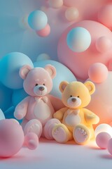 Wall Mural - Abstract 3D teddy bears against a cute pastel theme  AI generated illustration