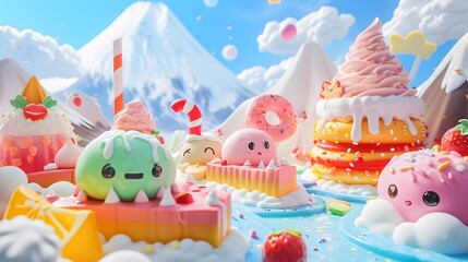 Abstract 3D world filled with cute kawaii foods  AI generated illustration