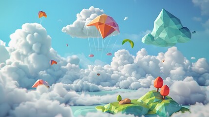 Poster - Abstract 3D world with cuddly clouds and kite  AI generated illustration