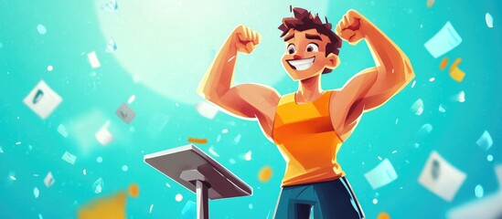 Energetic cartoon athlete with a weighing scale on a bright background