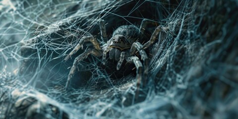 Emphasize the spider creature dwelling in its intricate web
