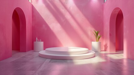 Poster - bright pink interior featuring minimalist stage and modern decor in natural light