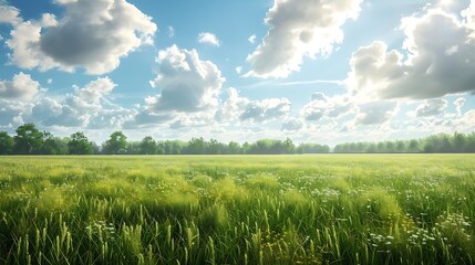 Wall Mural - A serene landscape featuring lush green grass, vibrant flowers, and a bright blue sky with fluffy clouds.