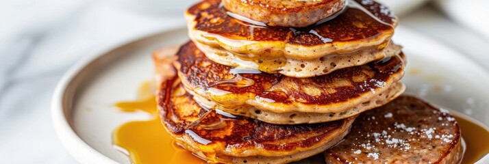 Poster - Brown Pancakes Stuffed with Tasty Sausage Captured Up Close on a White Marble Surface