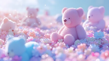 Wall Mural - Adorable pastel-hued 3D teddy bears scattered in a soft-focus landscape  AI generated illustration