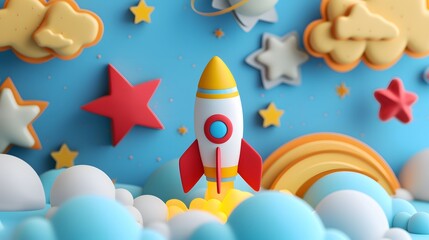 Poster - Adorable space theme with 3D abstract stars and rocket  AI generated illustration