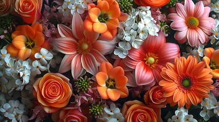 Poster - A vibrant arrangement of various flowers in shades of orange, pink, and white, showcasing nature's beauty.