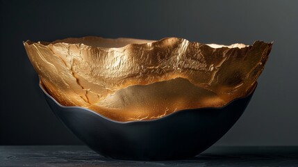 Poster - Elegant Gold-Edged Bowl Positioned on Dark Surface in Soft Natural Light