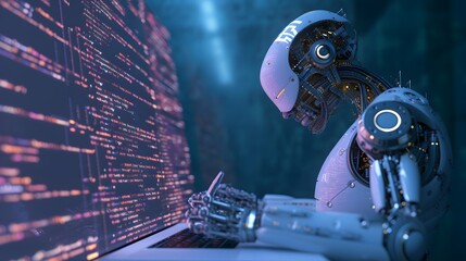 Poster - AI image generated perspective of a smart robot writing code  AI generated illustration