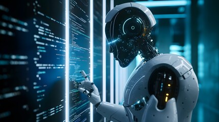 Poster - AI image generated perspective of a smart robot writing code  AI generated illustration