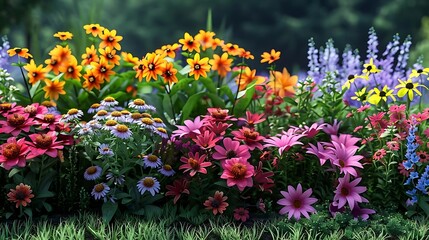 Sticker - A vibrant garden filled with various colorful flowers in full bloom.