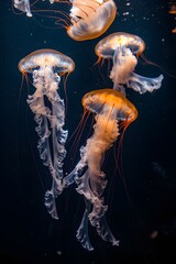 Wall Mural - An abstract view of floating jellyfish in deep water lit from below  AI generated illustration