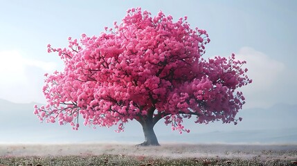 Sticker - A vibrant pink flowering tree stands majestically in a serene landscape, symbolizing beauty and tranquility.