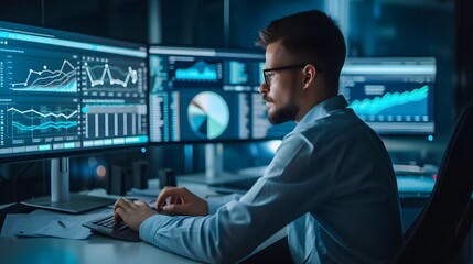 Poster - An analyst deeply involved in the manipulation of a data management system with KPI metrics  AI generated illustration