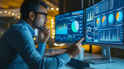 Poster - An analyst laboriously working on a computer and dashboard to manage and measure KPI metrics  AI generated illustration