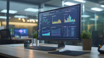 Poster - An analysts workstation featuring a computer and a dashboard showcasing data management systems  AI generated illustration