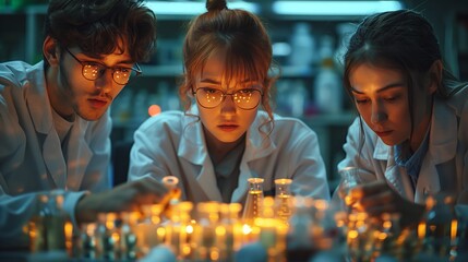 Poster - young scientists conducting experiments with colorful liquid samples in a laboratory during evening 