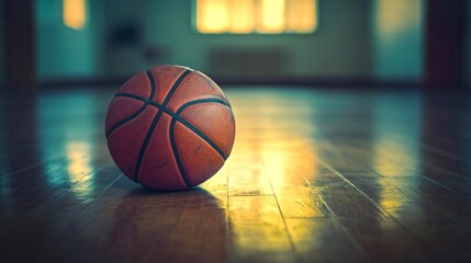 Wall Mural - A close-up of a basketball resting on a polished wooden floor in a gym. The warm light filters through the windows, creating a serene ambiance. Perfect for sports or fitness themes. AI