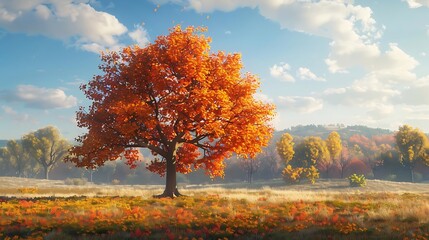 Sticker - A vibrant autumn landscape featuring a solitary orange tree amidst colorful foliage and a clear blue sky.