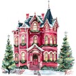 © Emmyn2222 - Watercolor Christmas Red House Clipart, illustration Victorian house decorations.