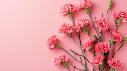 Poster - A beautiful arrangement of pink carnations on a soft pink background. Ideal for floral themes. Perfect for celebrations or decoration. This style conveys warmth and elegance. AI