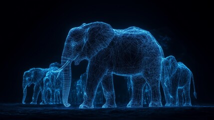 Poster - group of digital wireframe elephants in a futuristic setting at night