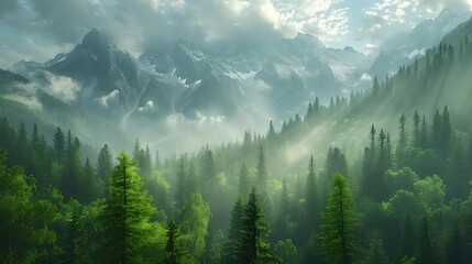 Poster - A serene mountain landscape with lush forests and misty peaks, evoking tranquility and natural beauty.