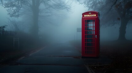 Wall Mural - An old telephone booth standing alone on a quiet fog-shrouded street  AI generated illustration