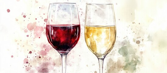 Watercolor depiction of wine and champagne glasses on a light background Realistic hand painted illustration of red and white wine glasses showcasing fresh alcoholic beverages