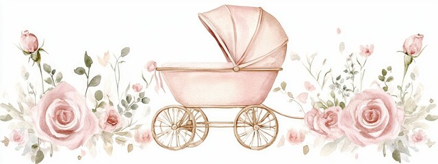 watercolor illustration of a baby pram adorned with rose flowers in a vintage style charming strolle