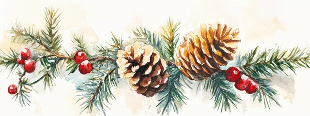 Wall Mural - Watercolor illustration of a fir branch with a cone and festive decorations on a light background