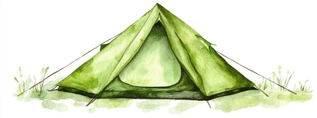 Watercolor illustration of a green camping tent Outdoor equipment for recreational tourism and adventure isolated on a white background Clip art suitable for designers travel related projects post